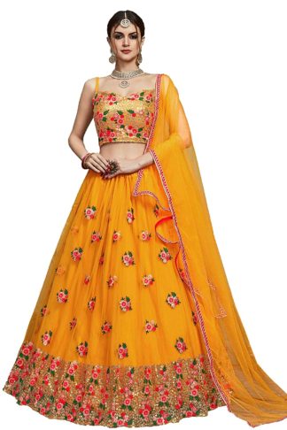 Women’s Heavy Net Sequins Yellow Lehenga Choli (Free Size)