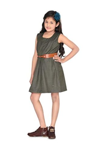 Green Soft Poly Viscose Round Neck Sleeveless Box pleated Design Knee Length Birthday Party Dress Along with Brown Leather Waist Belt