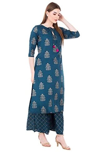 Women's Rayon Gold Printed Kurta And Palazzo Set