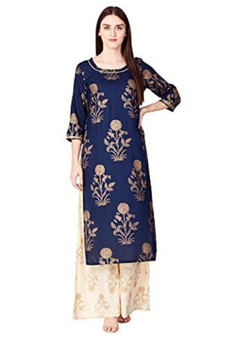 Women's Rayon Gold Printed Kurta With Palazzo Set