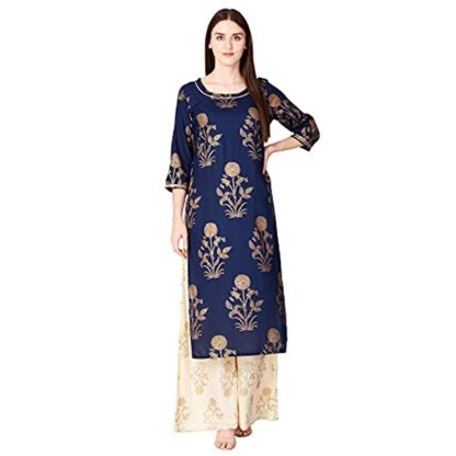 Women's Rayon Gold Printed Kurta With Palazzo Set - Image 2