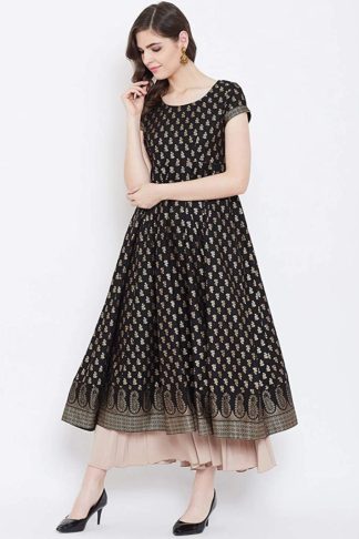 Women's Gold Print Designer Anarkali has Round Neck, Side Zipper, Cap Sleeve, Ankle Length with one Pair of Golden Beautiful Latkan