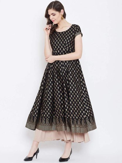 Women's Gold Print Designer Anarkali has Round Neck, Side Zipper, Cap Sleeve, Ankle Length with one Pair of Golden Beautiful Latkan - Image 2