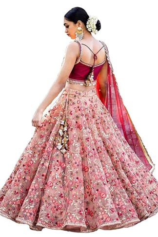 Women's Embroidered Pink Semi Stitched Lehenga Choli (FreeSize)