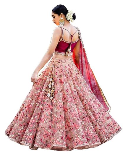 Women's Embroidered Pink Semi Stitched Lehenga Choli (FreeSize)