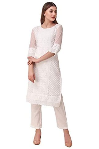 Lucknow Chikan Needlecraft Faux Georgette Regular Wear Kurti Kurta