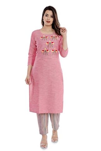 Women's Cotton Embroidery Pattern Kurta With Printed Pant Set (Pink)