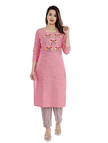 Women's Cotton Embroidery Pattern Kurta With Printed Pant Set (Pink) - Image 2