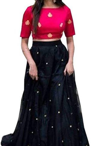 Women's Black_Satin Lehenga Choli (Free Size)