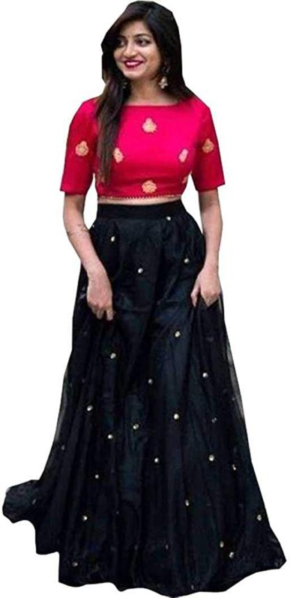 Women's Black_Satin Lehenga Choli (Free Size)