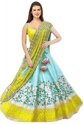 Women’s Satin Red green Multicolored Lehenga Choli (Free Size)