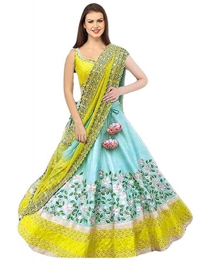 Women's Satin Red green Multicolored Lehenga Choli (Free Size) - Image 3
