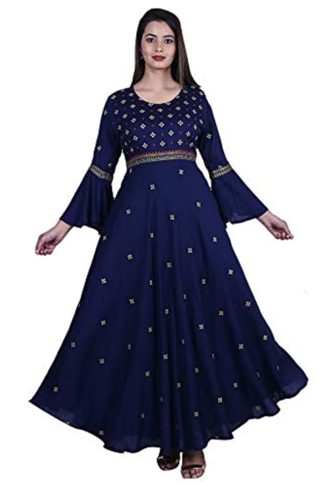 Womens Rayon Anarkali Embroidered Blue Kurta