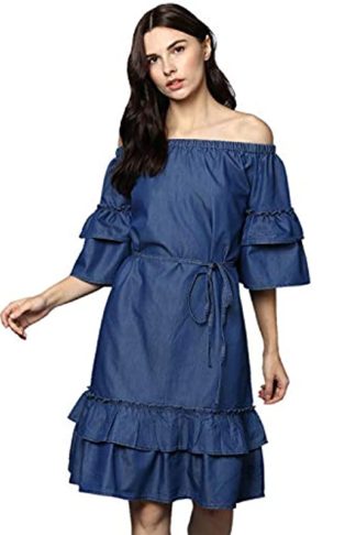Women's Denim Off Shoulder Knee Length Dress