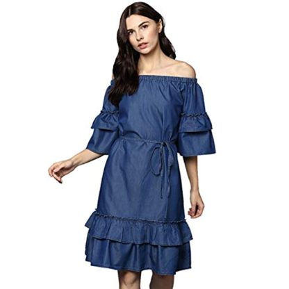 Women's Denim Off Shoulder Knee Length Dress - Image 2