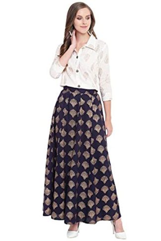 Women’s Gold Printed Rayon Short Shirt & Skirt Set