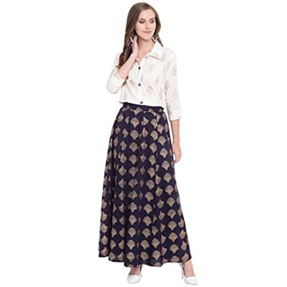 Women's Gold Printed Rayon Short Shirt & Skirt Set - Image 2