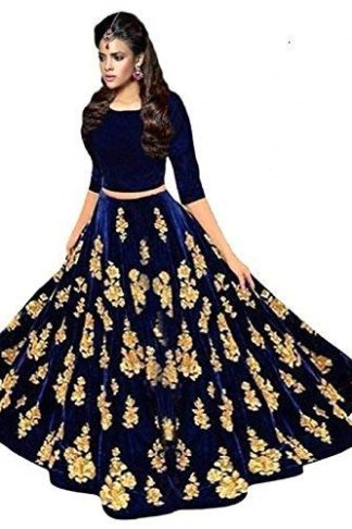 Women's Velvet blue Semi stitched Lehenga Cholis With Blouse