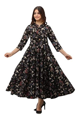 Women's Pure Cotton Printed Ethnic Floral Print Women Dress (Black)