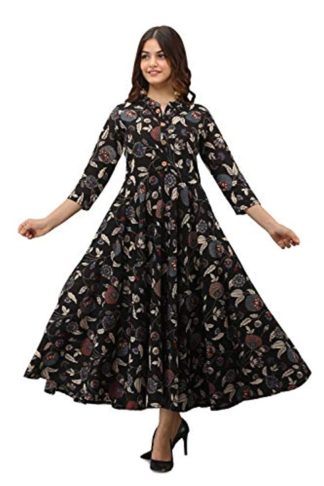 Women’s Pure Cotton Printed Ethnic Floral Print Women Dress (Black)