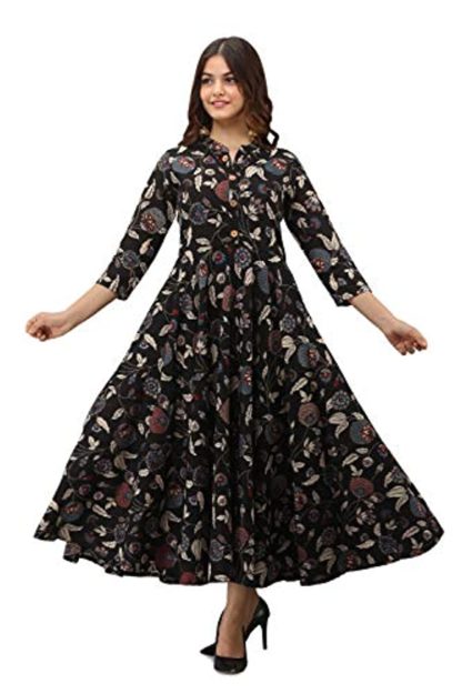 Women's Pure Cotton Printed Ethnic Floral Print Women Dress (Black) - Image 2