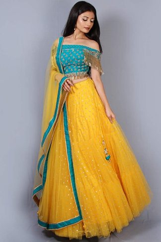 Women's Stunning Blue & Yellow Net Lehenga Choli (Free Size)