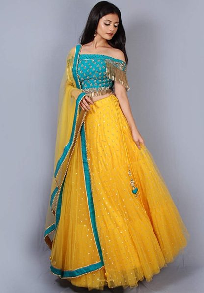 Women's Stunning Blue & Yellow Net Lehenga Choli (Free Size)