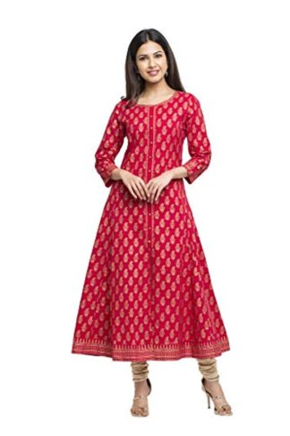 Women's Pink Cotton Gold Print Anarkali Kurta