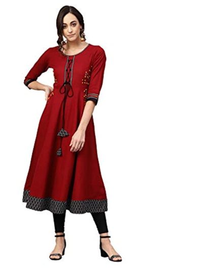 Women's Red Cotton Embroidered Anarkali Kurta