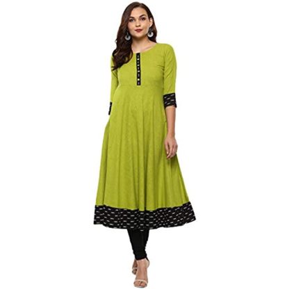 Womens Cotton Slub Printed Anarkali Kurta(Green) - Image 2