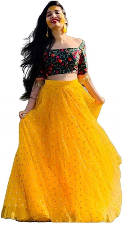 Women's net Lehenga with Yellow dot Pattern Choli (Free Size) - Image 4