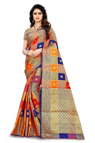 Multicolor Zari Woven Banarasi Style Patola Silk Sari With Blouse Piece