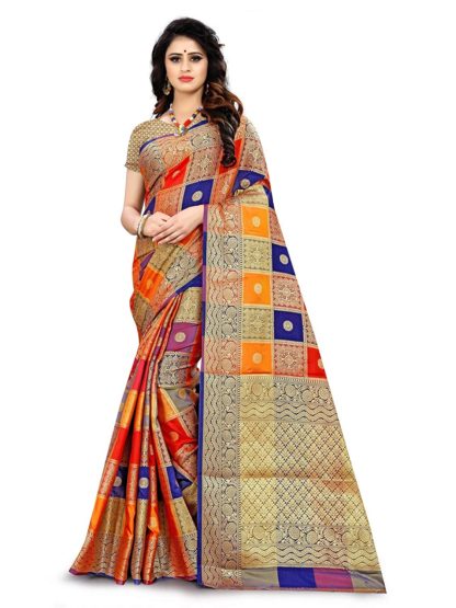 Multicolor Zari Woven Banarasi Style Patola Silk Sari With Blouse Piece