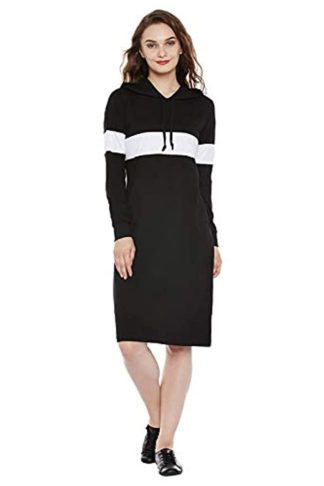 Women's Black Knee Length Regular Fit Cotton Hoodie Dress