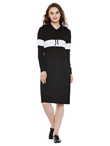 Women’s Black Knee Length Regular Fit Cotton Hoodie Dress
