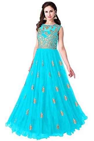 Teal Color Party Wear Net Fabric Designer Embroidered Readymade Gown