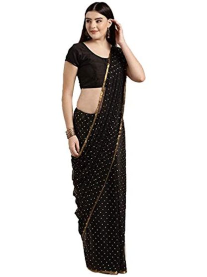 Women's Chiffon Gold Print Polka Dots Saree