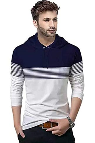Men's Hooded Neck Dark Blue & White Full Sleeve T-Shirt