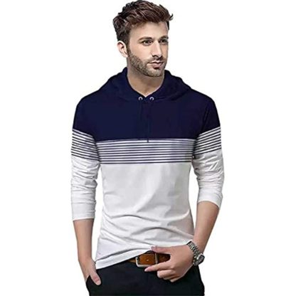 Men's Hooded Neck Dark Blue & White Full Sleeve T-Shirt - Image 2