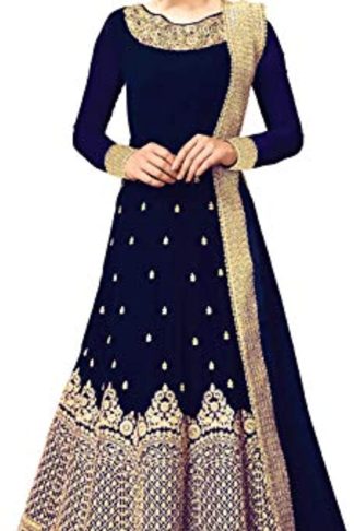 Women's Embroidered Fentam Silk Semi Stitched Anarkali Gown (Free Size_Blue)