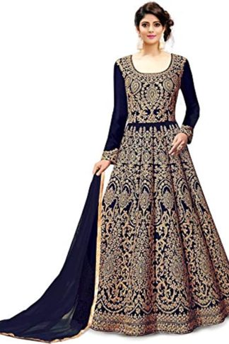 Women’s Embroidered Fentam Silk Semi Stitched Anarkali Gown (Blue_Free Size)