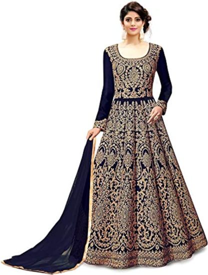 Women's Embroidered Fentam Silk Semi Stitched Anarkali Gown (Blue_Free Size)
