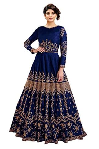 Women’s Embroidered Taffeta Silk Semi Stitched Anarkali Gown (Blue_Free Size)