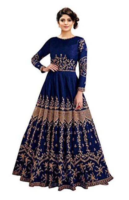 Women's Embroidered Taffeta Silk Semi Stitched Anarkali Gown (Blue_Free Size)