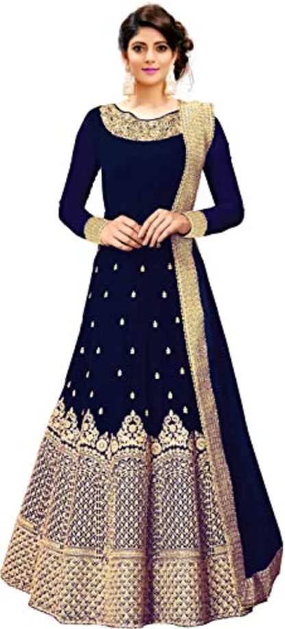 Women's Embroidered Fentam Silk Semi Stitched Anarkali Gown (Free Size_Blue) - Image 2