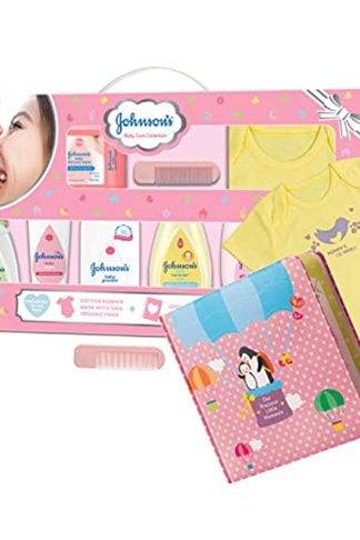 Johnson's Baby Care Collection Baby Gift-Set with Organic Cotton Baby Dress and Milestone Book (10 Pieces)