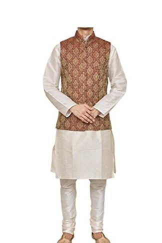 Modern Garments Mens Cream Kurta Pyjama with Ethnic Nehru jacket Set