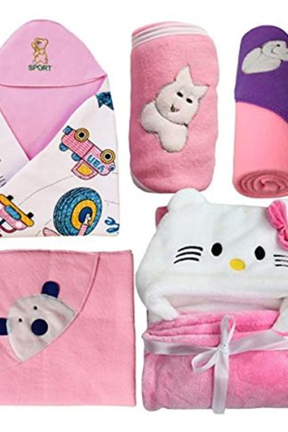 Newborn Baby Wrapper Blanket Gift Hamper-Set of 5 Pcs (Kitty-Pink)
