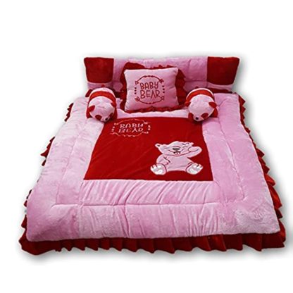Full Sleeping Bedding Set with 2 Side Pillows in a Shape of Cute Bears for baby(0-30 Months, Pink and Red)