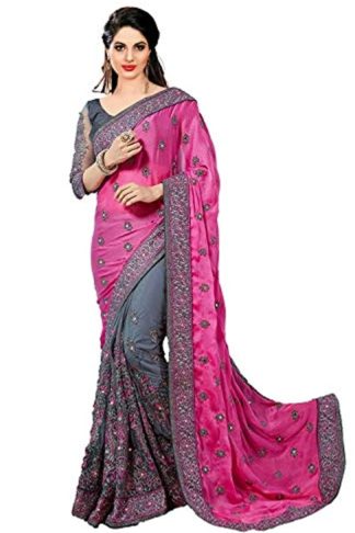 Women’s Pink Satin and Net Saree With Unstitched Blouse Piece